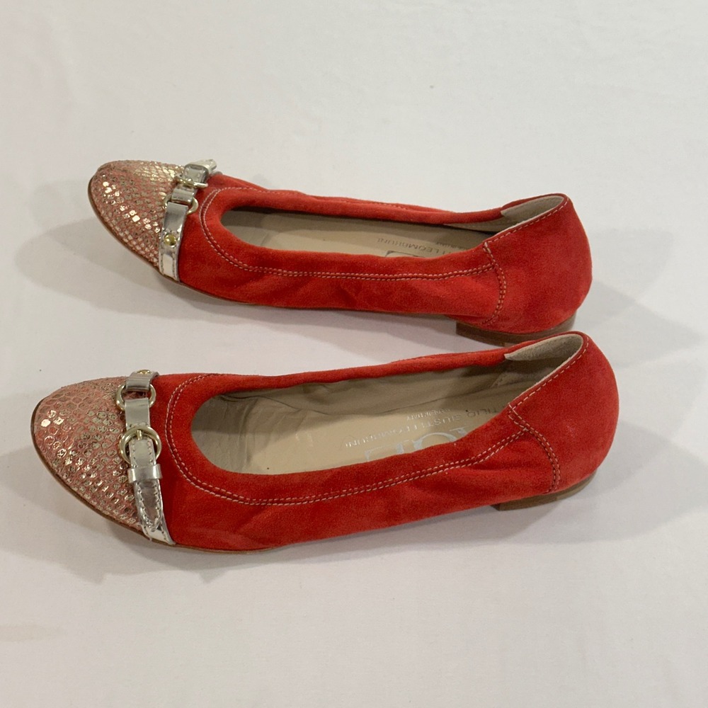 AGL Attilio Giusti Leombruni Red Suede Metallic Cap Toe Ballet Flats Women 39